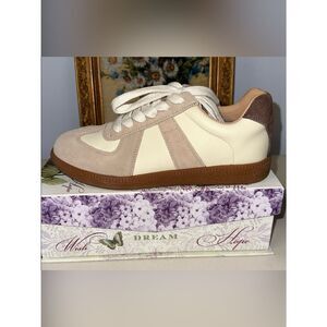 BeauToday 6.5 Ivory Tan Leather Retro German Army Trainer Patchwork Design